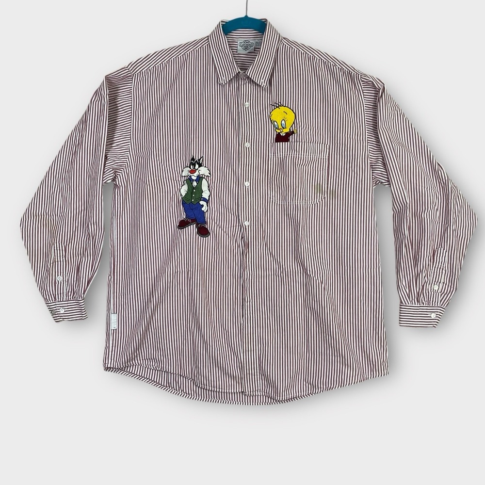 ACME CLOTHING Red Striped Button‎ Down TWEETY BIRD & SYLVESTER  L/XL Vtg *flaws*